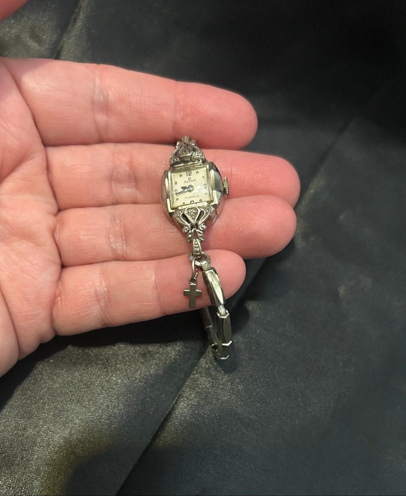 Vintage Alpha 17 Jewel Art Deco Filigree Watch with Cross Charm image 9