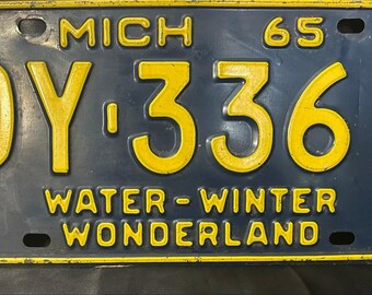 1965 Michigan License Plate DY 3361 Water Winter Wonderland Vintage Navy Yellow