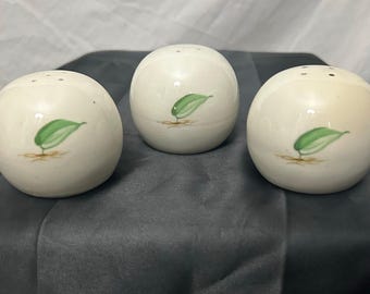 Vintage Round Ball Salt Pepper Shakers Set of 3 Green Leaf Motif Mid Century