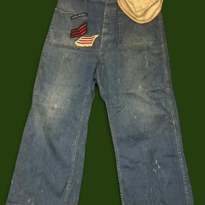 VTG 1950s USN Denim Dungarees Patch Pocket Button Stenciled Navy Trousers 34x26