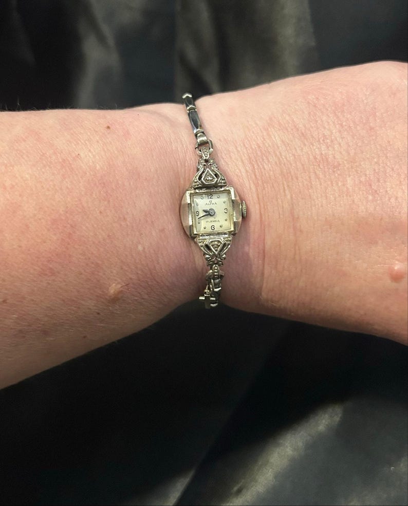 Vintage Alpha 17 Jewel Art Deco Filigree Watch with Cross Charm image 2