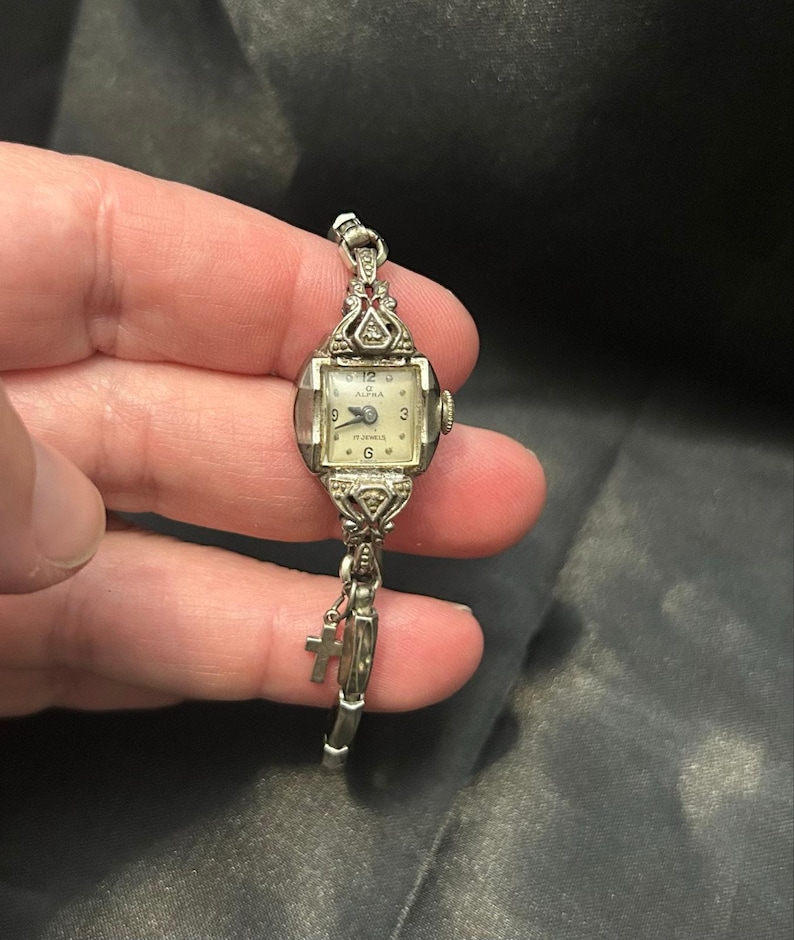 Vintage Alpha 17 Jewel Art Deco Filigree Watch with Cross Charm image 16