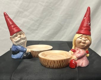 Vintage Gnome Couple Votive Candle Holders Treasure Masters Taiwan 1970s Pair