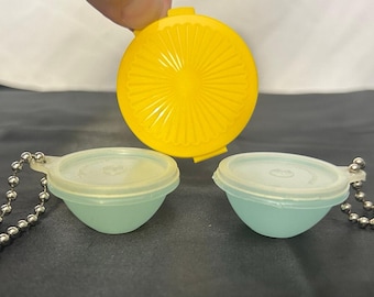 Vintage Tupperware Keychain Container Lot - Yellow Clamshell, Mini Bowls, Ball Chains, 1970s-80s