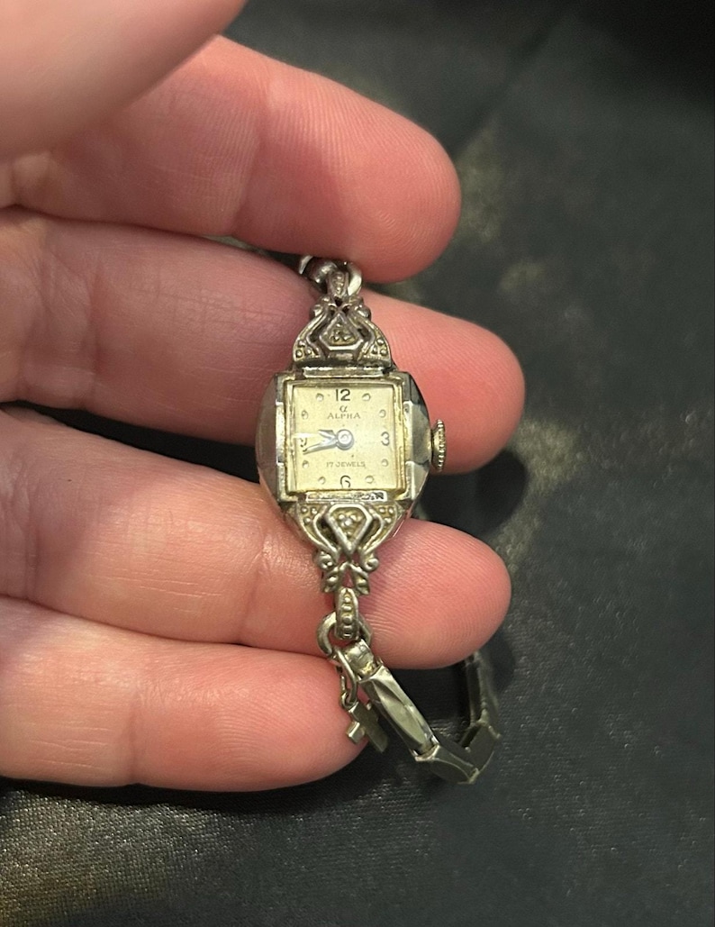 Vintage Alpha 17 Jewel Art Deco Filigree Watch with Cross Charm image 6