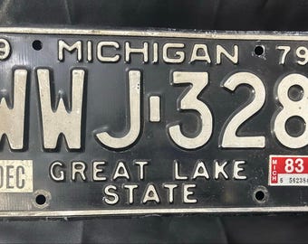 1979 Michigan License Plate WWJ 328 Great Lake State Vintage Black White