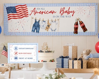 May include: A banner with an American flag and the text "An All American Baby Is On The Way." The banner is decorated with baby clothes, a teddy bear, and Coca-Cola bottles. The scene includes balloons, gifts, and a cake, perfect for a baby shower.
