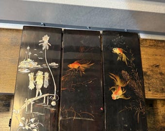 Vtg Asian Vietnamese Lacquer Mother Of Pearl Eggshell Inlay Folding Table Screen