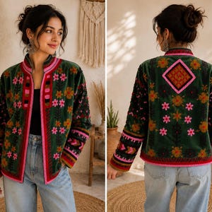 Handmade Sujani Jacket for Women | Reversible Quilted Cotton Jacket | Boho Kantha Embroidered Coat | Indian Artisan Patchwork Jacket
