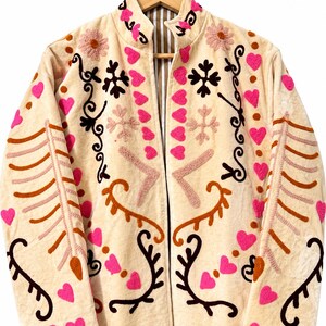 Handmade Boho Jacket, Suzani Embroidered Jacket Women, Vintage Quilted Cotton Coat, Floral Ethnic Wear