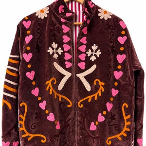 Authentic Uzbekistan Suzani Jacket, Floral Hand Embroidered Style Women Jacket, Bohemian Velvet Coat, Boho Chapan Jacket, Luxury Gift forher