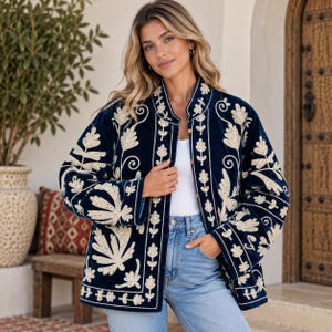 Boho Floral Velvet Suzani Embroidered Jacket: Handmade Festival Coat | Women's Boho Outerwear | Gift for Her | Artisan Embroidered Coat