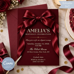 May include: A deep burgundy birthday invitation card featuring a large satin bow at the top. The text reads: AMELIA'S BIRTHDAY CELEBRATION, Please join us for an elegant evening, Saturday, October 18, 20XX, 7:00 PM, The Velvet Room, 245 Rose Avenue, New York, NY, Cocktail Attire, RSVP by October 5, (555) 123-4567.