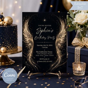 Könnte beinhalten: Eine schwarze, rechteckige Geburtstagseinladungskarte mit goldenen, glitzernden Engelsflügeln an den Seiten. Der Text lautet: You're Invited, Sophia's Birthday Party, Saturday, July 18, 20XX, 7:00 PM, The Celebration Venue, 1234 Elegant Street, Your City, State 12345, RSVP by July 10, to Emma (555) 123-4567.