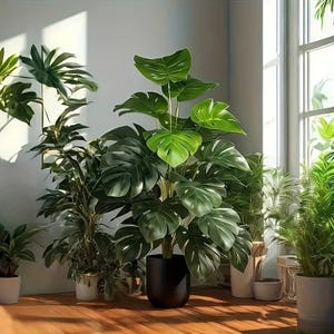 May include: A large potted Monstera plant with broad, deep green, split leaves stands in a smooth black cylindrical planter. Several other smaller green potted plants are arranged nearby on a wooden floor, illuminated by natural light from a window.