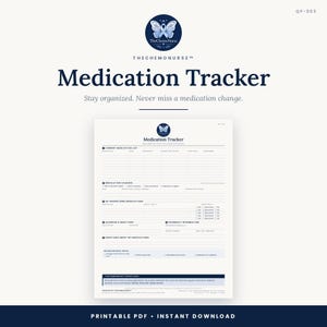 Puede incluir: Un documento imprimible de seguimiento de medicamentos con un logotipo circular azul oscuro que muestra una mariposa y una cinta. El formulario incluye secciones para medicamentos actuales, cambios, dosis necesarias, alergias y datos de farmacia.