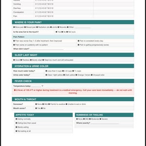May include: A Daily Chemo Symptom Tracker document with teal headers and white fields. It includes sections for tracking nausea, vomiting, pain, sleep, hydration, fever, mouth soreness, appetite, numbness, skin changes, and notes for a medical care team.