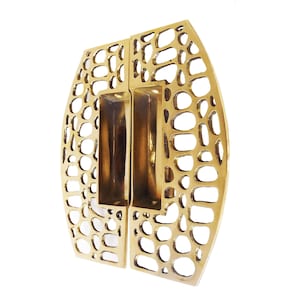 May include: A pair of gold-colored brass door handles featuring a cut-out organic lattice pattern. Each handle has a rectangular recessed grip area in the center, surrounded by an intricate, irregular web-like design with various sized openings.
