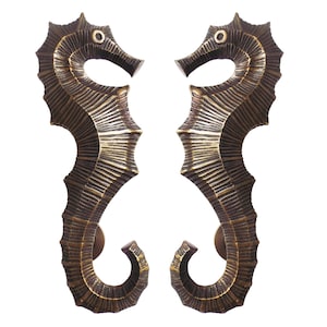 Peut inclure: Une paire de poignées de porte en métal de couleur bronze foncé en forme d'hippocampes. Chaque poignée présente un corps texturé et strié avec une queue recourbée et un œil distinct, se reflétant mutuellement sur un fond blanc uni.