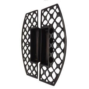 May include: A dark brown metal wall-mounted planter featuring two vertical rectangular compartments centered within a decorative lattice framework. The structure has a curved, elongated shape with an open grid pattern on both sides of the central containers.