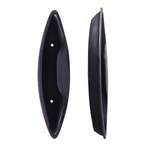 May include: Two views of a matte black recessed pull handle with an elongated, tapered oval shape. The front view displays a smooth, concave surface with two circular screw holes positioned vertically along the center line of the hardware.