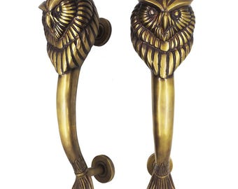 14-1/8" Vintage Handcast Ornate Solid Brass Large Door Pull - Eagle Owl / Antique Brass