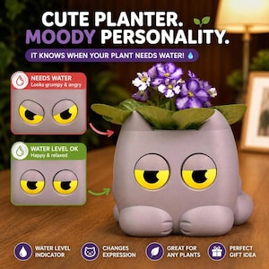 Cat Planter with Moving Eyes, Self-Watering Pot and Water Level Indicator