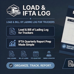 May include: A digital Load & IFTA Log template for truckers featuring a Bill of Lading form, a blue semi-truck graphic, and text including Load & IFTA Log, Load & Bill of Lading Log for Truckers, IFTA Quarterly Report Prep Made Simple, and Organize. Track. Report.