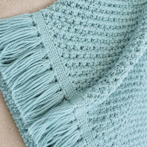 May include: A light blue knitted throw blanket featuring a textured waffle stitch pattern and a thick, straight-edged fringe border along the side. The fabric has a consistent, soft-looking weave throughout, showcasing a uniform pastel color.