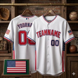 Maglia da baseball bianca personalizzata degli Stati Uniti, abbigliamento per il 4 luglio, camicia con bottoni personalizzata con bandiera americana, uniforme di squadra patriottica, regalo per veterani