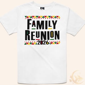 May include: A white short-sleeve t-shirt featuring the black text FAMILY REUNION 2026. The design is framed by horizontal rows of red, yellow, and green triangles and dots, with additional colored accents integrated into the lettering.