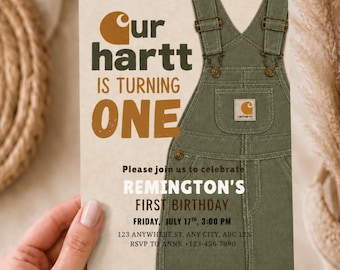 Our Hartt Is Turning One Invitation Boy Sage Green | Any Age Editable Birthday Invitation | Canva Template | Photo Invite | Digital Download
