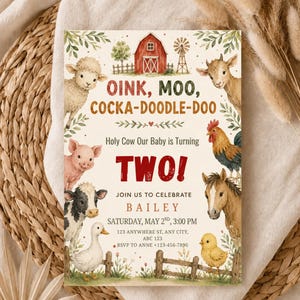 May include: A rectangular birthday invitation card featuring watercolor illustrations of farm animals including a sheep, pig, cow, duck, goat, rooster, horse, and chick, with text reading OINK, MOO, COCKA-DOODLE-DOO, Holy Cow Our Baby is Turning TWO!