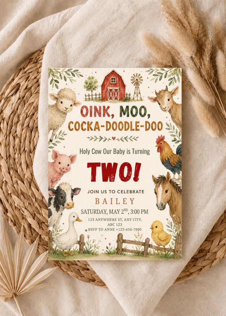 May include: A rectangular birthday invitation card featuring watercolor illustrations of farm animals including a sheep, pig, cow, duck, goat, rooster, horse, and chick, with text reading OINK, MOO, COCKA-DOODLE-DOO, Holy Cow Our Baby is Turning TWO!