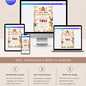 May include: A digital invitation template displayed on a desktop monitor, tablet, smartphone, and laptop. The invitation features watercolor farm animals, a red barn, and the text OINK, MOO, COCKA-DOODLE-DOO, HOLY COW OUR BABY IS TURNING TWO.