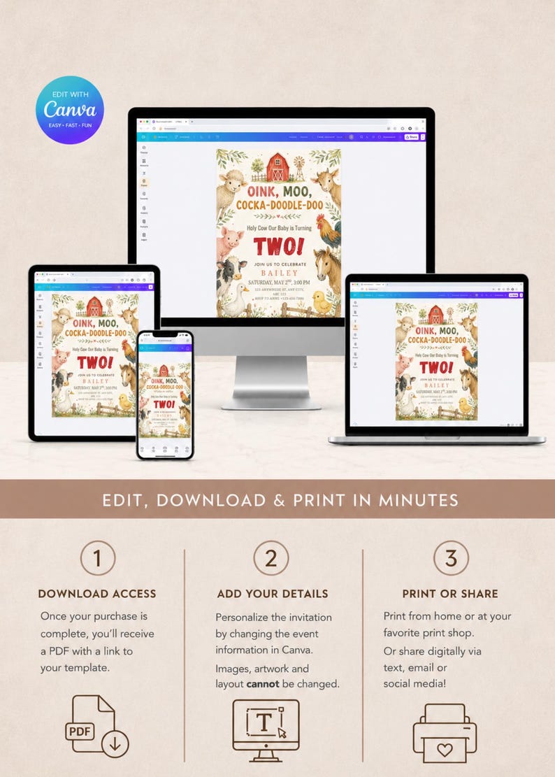 May include: A digital invitation template displayed on a desktop monitor, tablet, smartphone, and laptop. The invitation features watercolor farm animals, a red barn, and the text OINK, MOO, COCKA-DOODLE-DOO, HOLY COW OUR BABY IS TURNING TWO.