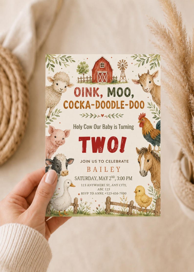 May include: A rectangular birthday invitation card featuring watercolor illustrations of farm animals including a sheep, pig, cow, duck, goat, rooster, horse, and chick. The text reads OINK, MOO, COCKA-DOODLE-DOO, Holy Cow Our Baby is Turning TWO!, BAILEY, and event details.