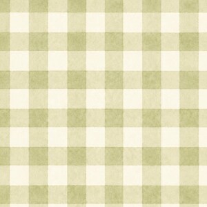 May include: A repeating gingham pattern featuring alternating squares of soft sage green and off-white. The design displays a watercolor-like texture within each square, creating a subtle, layered appearance across the entire surface of the fabric.