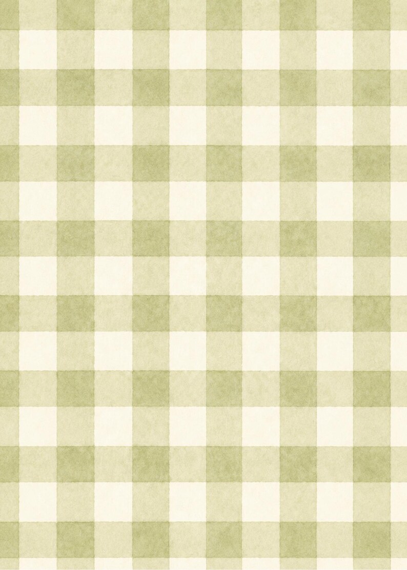 May include: A repeating gingham pattern featuring alternating squares of soft sage green and off-white. The design displays a watercolor-like texture within each square, creating a subtle, layered appearance across the entire surface of the fabric.