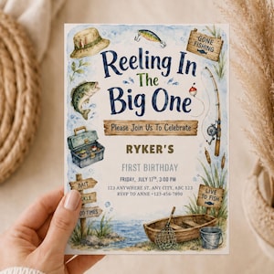 Reeling In The Big One Birthday Invitation | Fishing First Birthday Invite Template | Editable Canva Boy Birthday