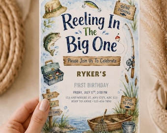 Reeling In The Big One Birthday Invitation | Fishing First Birthday Invite Template | Editable Canva Boy Birthday