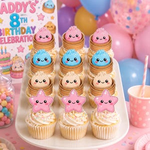 May include: A white serving platter holds nine cupcakes topped with decorative paper toppers. The toppers feature illustrations of smiling pink, blue, and beige dumplings in bamboo steamers, and smiling pink stars. A sign reads Welcome to Addy's 8th Birthday Celebration.