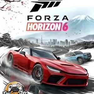 May include: A promotional graphic for Forza Horizon 6 featuring a red sports car drifting on a snowy road with a blue truck in the background. The text Forza Horizon 6 is displayed prominently above a mountain landscape with cherry blossom branches.