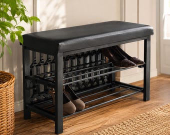 Banco para guardar zapatos con asiento acolchado, organizador de zapatos para la entrada, banco metálico para el pasillo, banco moderno para el recibidor.