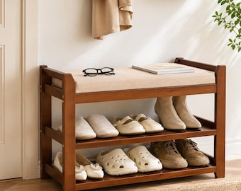 Wooden Shoe Storage Bench with Cushioned Seat, Entryway Shoe Rack Organizer, Farmhouse Hallway Bench with Shelves