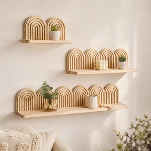 Conjunto de 3 Prateleiras de Parede Boho Arco-Íris, Prateleiras Flutuantes de Madeira Natural para Decoração de Quarto Infantil, Quarto de Bebê e Casa Moderna