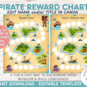 May include: Two pirate-themed reward charts featuring a tan parchment background with islands, palm trees, a ship, a treasure chest, and an octopus. The text reads PIRATE REWARD CHART, EDIT NAME and/or TITLE IN CANVAS, REWARD CHART, and CHILD'S TREASURE MAP.