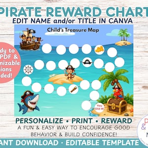 May include: A pirate-themed reward chart featuring a blue ocean background, a ship, a monkey, a shark, and a treasure chest. The chart includes white circular spaces for tracking progress, with text reading PIRATE REWARD CHART, Child's Treasure Map, and You Did It!