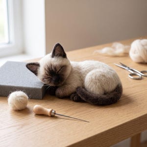 Può includere: Una statuetta di gattino siamese in lana infeltrita in posizione dormiente con pelo color crema e orecchie, muso e coda marrone scuro. La piccola scultura poggia vicino a un blocco di schiuma grigia, un gomitolo di lana, un ago e delle forbici.