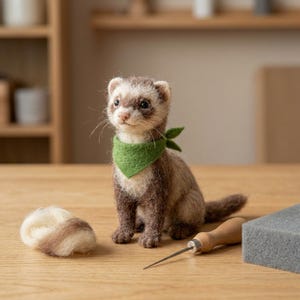 May include: A needle-felted ferret figurine with brown and white fur, wearing a small green felt bandana around its neck. Beside the ferret sits a small ball of unspun wool, a wooden-handled felting needle, and a gray foam block for crafting.